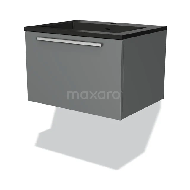 Grauer Badschrank mit schwarzem Waschbecken, schwebendes Design, metallischer Haltegriff und minimalistischem Finish für moderne Bäder.