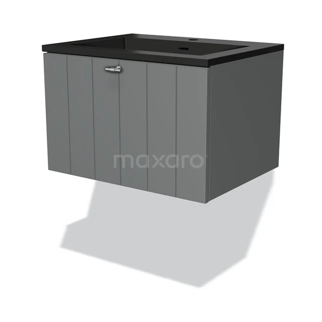 Badmöbel 60cm Modulo Mittelgrau 1 Schubladen Lamellenwaschbecken Quarz BMW11-03629 Grauer schwebender Badschrank mit schwarzem Waschbecken, modernem Lamellendesign und metallischem Haltegriff. Perfekt für ein stilvolles Badezimmer.