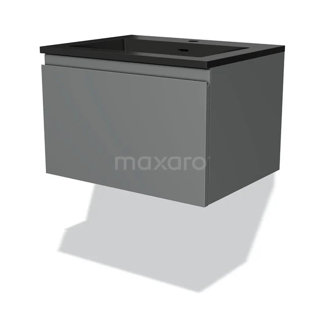 Grey hanging bathroom unit with matte surface and black sink, ideal for a modern bathroom design.
