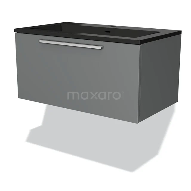 Grey hanging bathroom cabinet with black metal basin, modern design, metal handle and space-saving for a stylish bathroom.