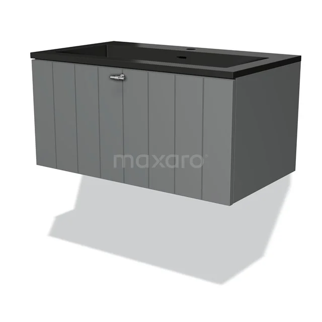 Grey, suspended bathroom unit with vanity units with basin in black, wood-look panels and push-to-open drawer, ideal for a modern bathroom style.