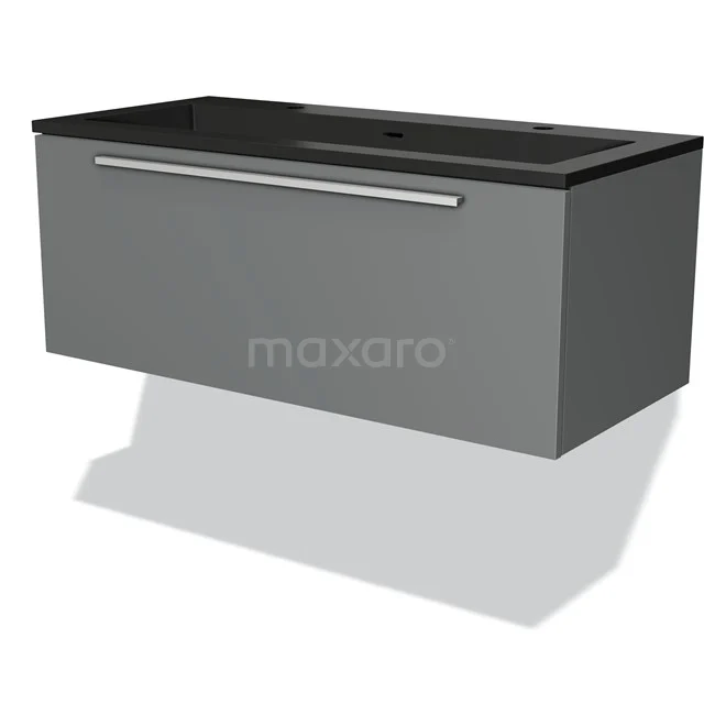 Graue Badmöbel mit schwarzer Waschtischplatte, schlichtes Design und metallischem Haltegriff, perfekt für eine moderne Badezimmergestaltung.