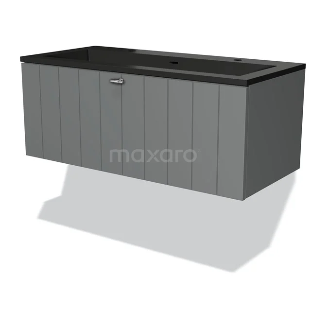 Modulo Waschtische | 100 cm Mittelgrau Lamelle front Quarz 1 Schublade BMW11-03635 Grauer Badschrank mit schwarzem Waschbecken, modernes Design, horizontale Linien, geeignet für stilvolle Badezimmer.