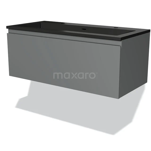 Grey wooden bathroom unit with vanity units with basin in black, sleek design, suitable for modern interiors.
