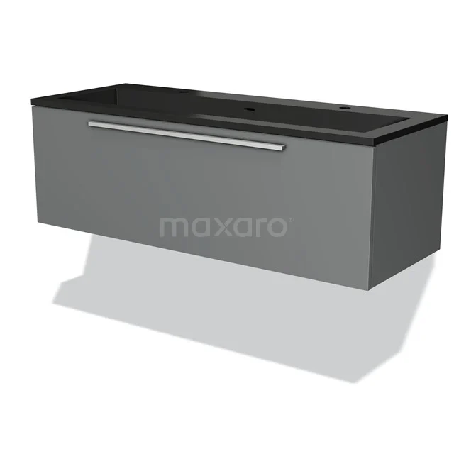 Grey floating bathroom unit with a black basin worktop, modern design and single drawer with silver handle.