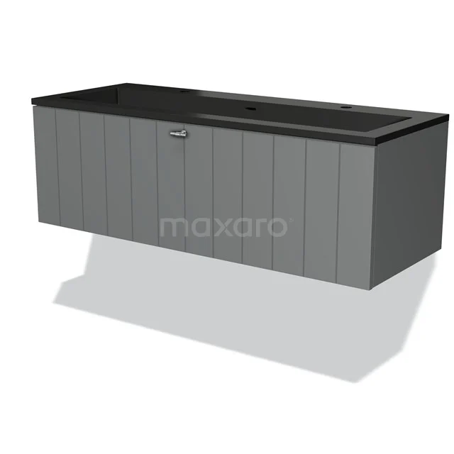 Grey wooden vanity unit with black stone worktop, wall-mounted, modern design, ideal for a stylish bathroom.