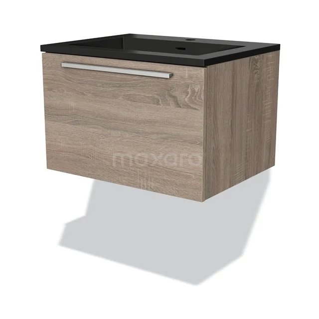 Hangend badkamermeubel houtlook met zwarte wastafel, moderne designserie, voorzien van brede lade met metalen handgreep.
