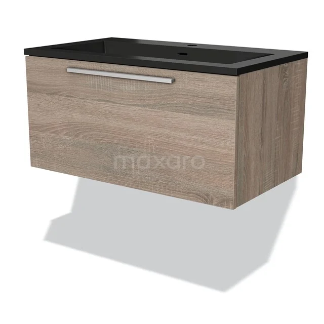 Houten badkamerkast met zwarte wastafel, hangend design, strak afgewerkt met metalen handgreep, ideaal voor moderne badkamers.