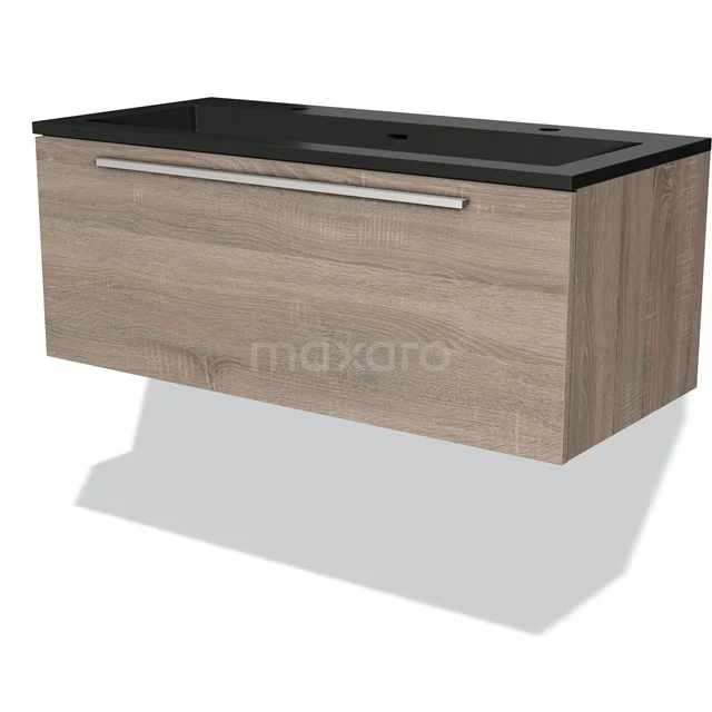Houten badkamermeubel met zwarte wastafel, modern design, lade met zilveren handgreep. Perfect voor stijlvolle badkameropslag.