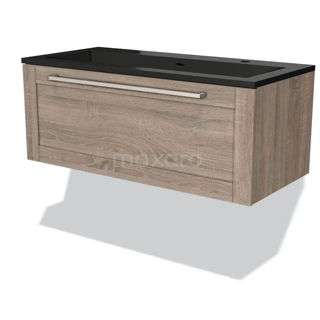 Modern wooden vanity unit with black ceramic sink, bathroom cabinet with drawers and black metal handle.
