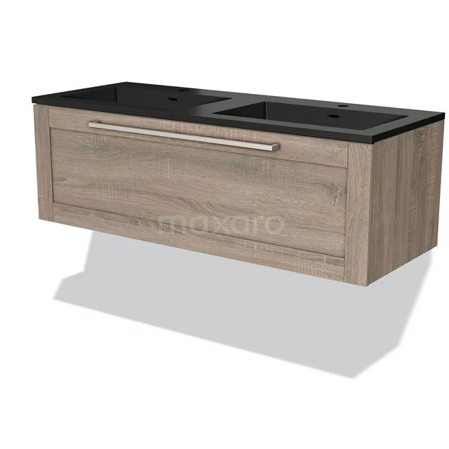 Modulo Vanity units with basin | 120 cm Oak Frame front Quartz 1 drawer BMW11-03652 Wooden bathroom unit with drawer, black basin worktop and double sink, modern design, ideal for stylish bathrooms.