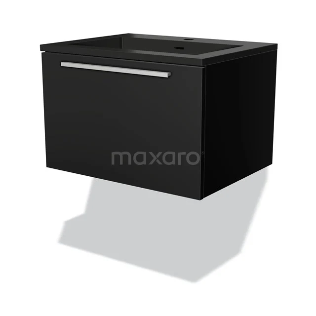 Zwarte zwevende badkamerkast met lade, modern ontwerp, mat afwerking, ideaal voor compacte badkamers.