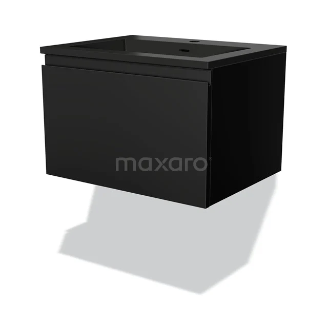 Schwarzer schwebender Waschbeckenunterschrank mit matter Oberfläche, kompaktes Design, ideal für moderne Bäder.