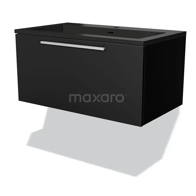 Schwarzer hängender Badschrank, modernes Design, mit integriertem Waschbecken und metallischem Haltegriff der Elegance-Serie.