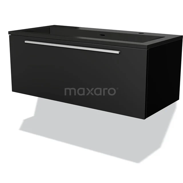 Modulo Waschtische | 100 cm Matt Schwarz Flach front Quarz 1 Schublade BMW11-03659 Schwarzer Badezimmermöbelkasten mit mattem Oberfläche, integrierter Waschbecken und metallischem Haltegriff, modernes Design.