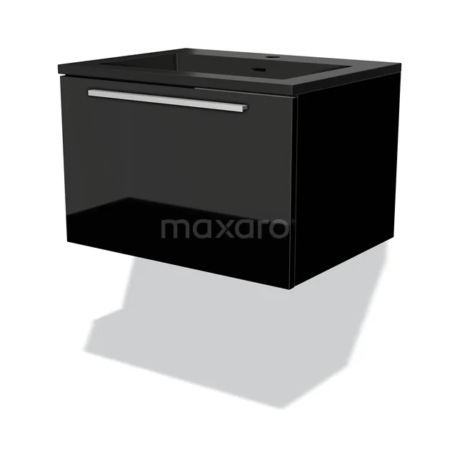 Schwarzer wandmontierter Badschrank mit glänzender Oberfläche, einer Schublade und schlankem Metallgriff.