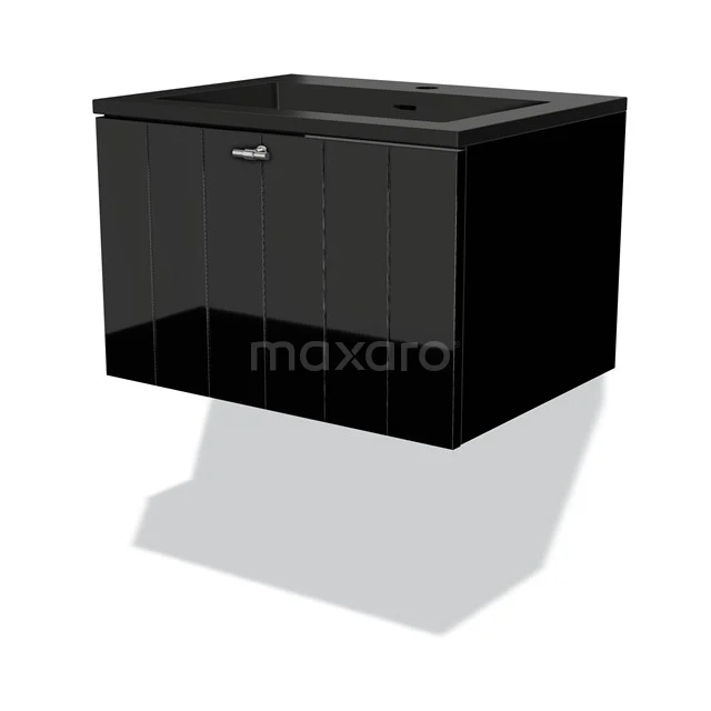 Hochglanz-Badmöbel 60cm Modulo Schwarz 1 Schubladen-Lamellen-Waschbecken Quarz BMW11-03669 Schwarz, schwebendes Badmöbel mit glänzender Oberfläche und integriertem Waschbecken, ideal für moderne Badezimmergestaltungen.