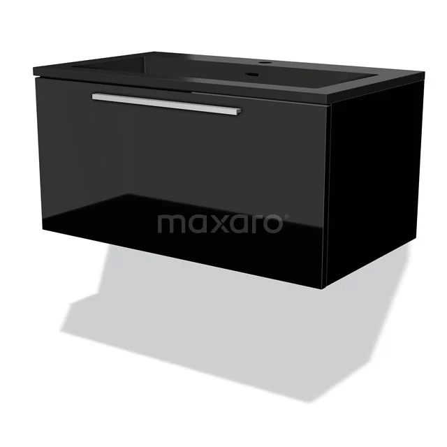 Badmöbel 80cm Modulo Hochglanz Schwarz 1 Schublade Flaches Waschbecken Quarz BMW11-03671 Schwarzes Badezimmermöbel mit glänzender Oberfläche und einem klaren Design, ausgestattet mit integriertem Schublade und chromfarbener Haltegriff.
