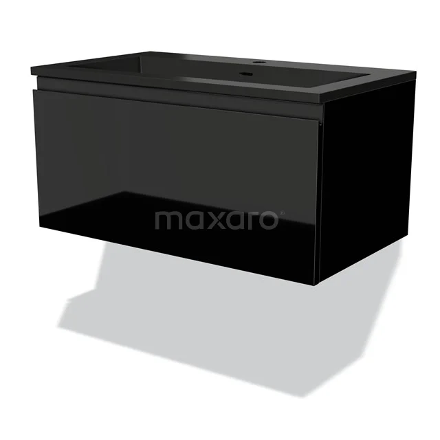 Schwarzes schwebendes Waschtischmöbel mit glänzender Oberfläche, einer Schublade und integriertem Waschbecken, perfekt für moderne Bäder.