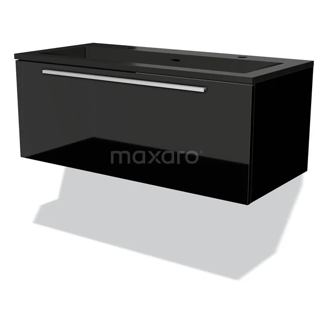 Schwarzes Badmöbel mit glänzender Oberfläche, Breite 120 cm, einzelnes Waschbecken und Aluminium Haltegriff.