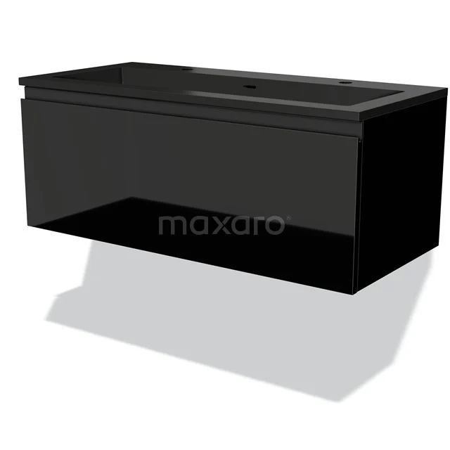 Black suspended vanity units with high-gloss finish, integrated basin and modern clean lines.