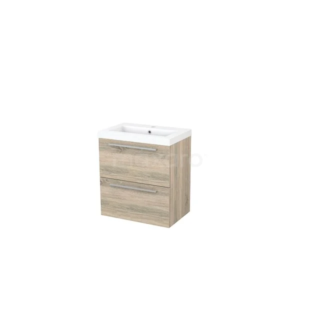 Compact wooden bathroom unit with basin, light oak look and two spacious drawers for practical storage space.