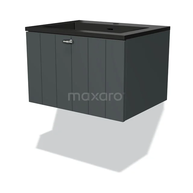 Dark grey hanging bathroom cabinet with black basin worktop, vertical stripes and metal Handle, modern design.