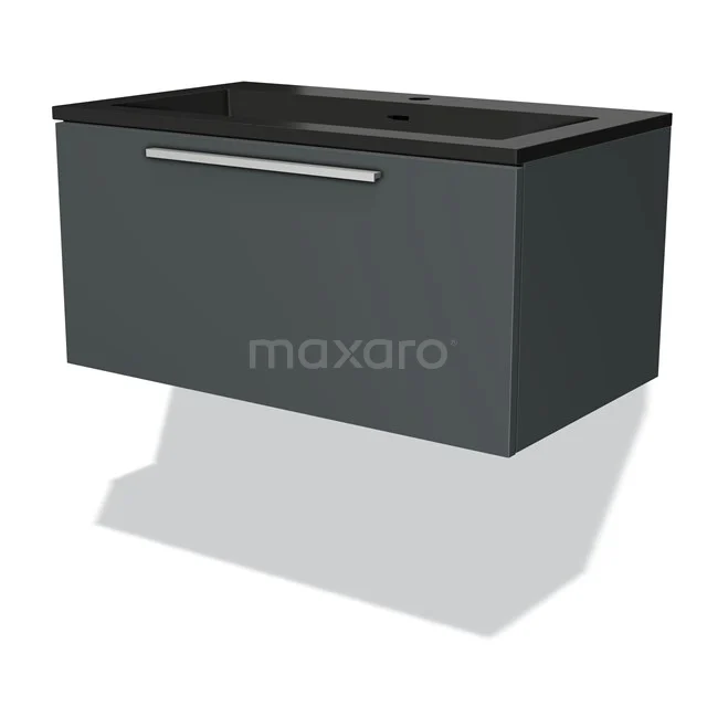 Grauer schwebender Badschrank mit glänzendem schwarzen Waschbecken, metallischem Haltegriff und schickem Design. Perfekt für moderne Bäder.