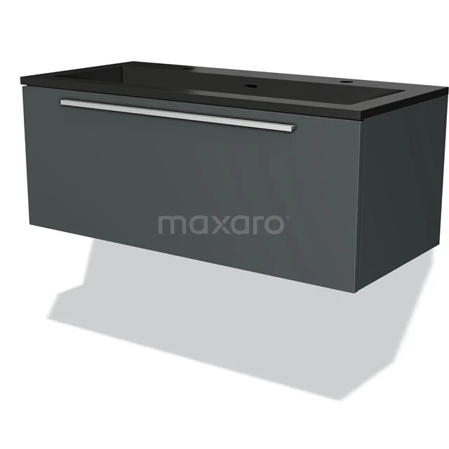 Dark grey floating bathroom unit with vanity units with basin in black, sleek design drawer and metal Handle, ideal for modern bathrooms.