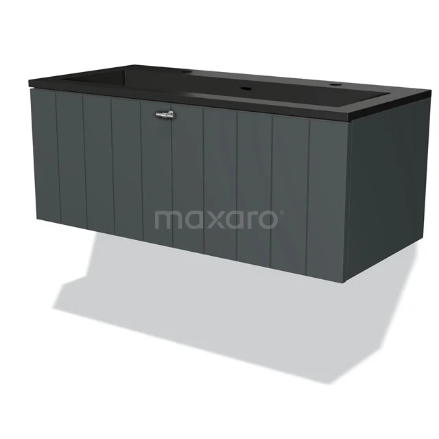 Dunkelgrauer schwebender Badschrank mit schwarzem Waschbecken, moderner Ausführung und vertikalen Paneelen für ein stilvolles Badezimmer.