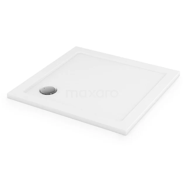 Weiße quadratische Duschwanne mit Abflussöffnung, hergestellt aus nachhaltigem Material, ideal für moderne Bäder.