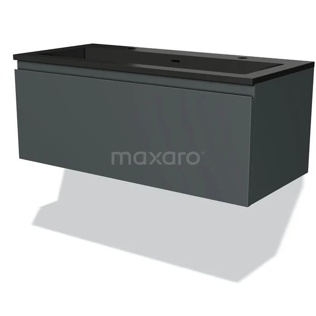 Grey wall-mounted bathroom unit with matte finish, black basin worktop and spacious storage compartment, ideal for modern bathrooms.