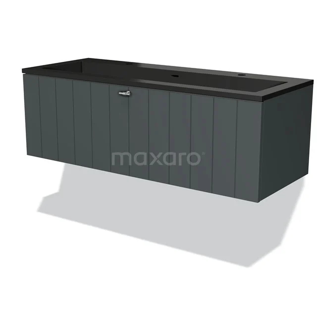Floating grey vanity unit with black ceramic Basin, modern design and hidden storage space for a stylish bathroom.