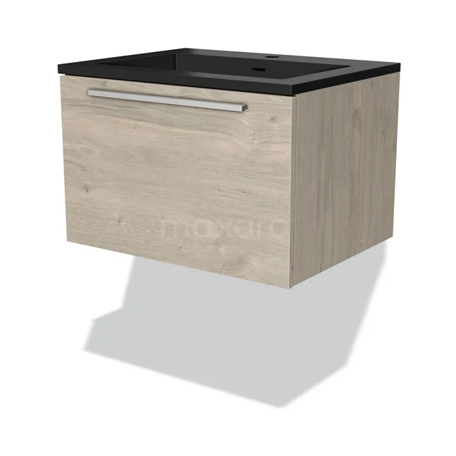 Wooden floating bathroom unit with black basin worktop, soft-close drawers and modern design.
