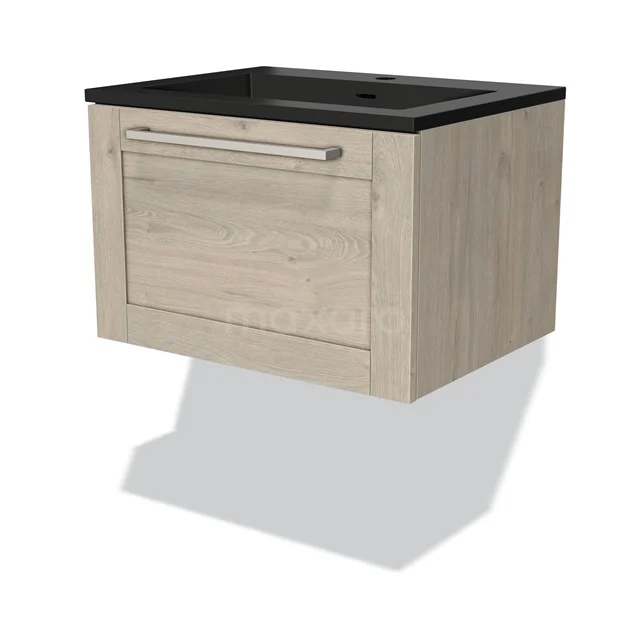 Bathroom hanging cabinet wood-look, Black basin worktop, minimalist design, with drawers; ideal for modern bathrooms.