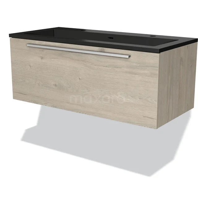 Holz Badezimmermöbel mit Schwarz Waschbecken, modernes Hängemodell, Soft-Close Schublade, ideal für stilvolle Badezimmergestaltung.