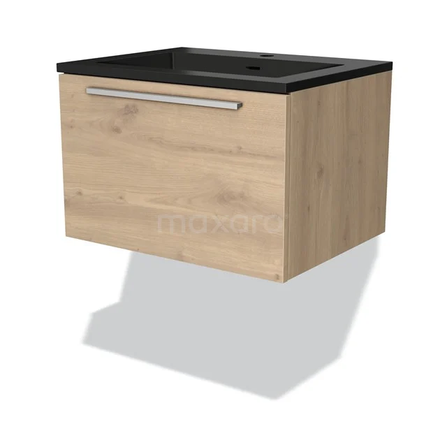 Wooden bathroom unit with chest of drawers and black sink, modern design, floating model, ideal for compact bathrooms.