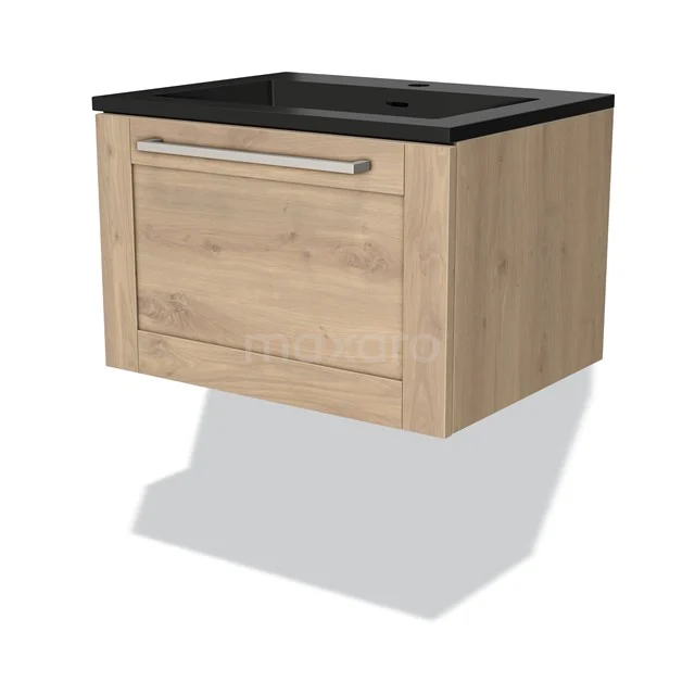 Modulo Vanity units with basin | 60 cm Light brown oak Frame front Quartz 1 drawer BMW11-03709 Wooden bathroom unit with vanity units with basin in black, floating design, oak look, soft-close drawer and Stainless steel handle.