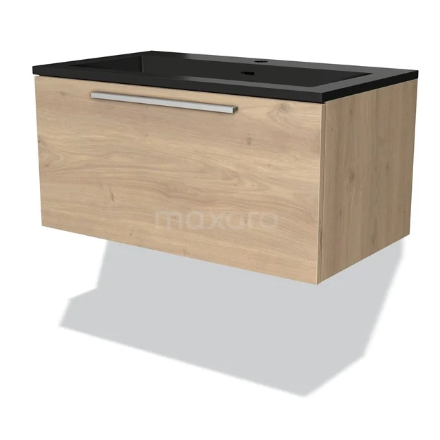 Badmöbel 80cm Modulo Hellbraune Eiche 1 Schublade Flaches Waschbecken Quarz BMW11-03710 Eichenholz Badmöbel mit schwarzem Waschbecken, Wandmontage und rostfreiem Haltegriff, modernes und kompaktes Design.