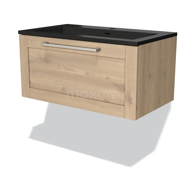 Wooden bathroom unit with black vanity units with basin, hanging design, oak look, single drawer and chrome handle for modern bathrooms.