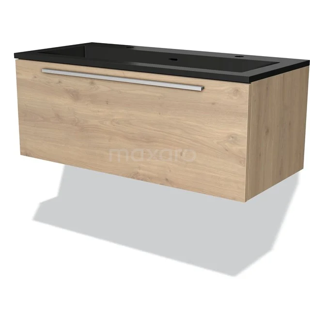 Wooden bathroom unit with vanity units with basin in black oak, modern floating design, soft oak finish and single drawer.