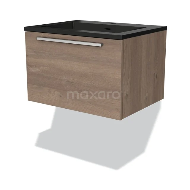 Badmöbel 60cm Modulo mittelbraune Eiche 1 Schublade Flaches Waschbecken Quarz BMW11-03718 Holz-Badmöbel mit mattschwarzer Waschtischplatte, moderne Wandmontage und silberfarbener Haltegriff.