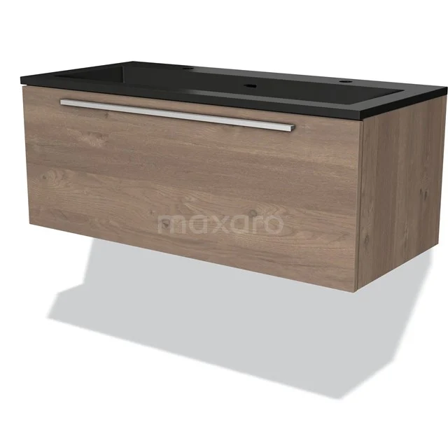 Wooden vanity units with basin in black, modern rectangular shape, wide drawers and elegant metal handle.