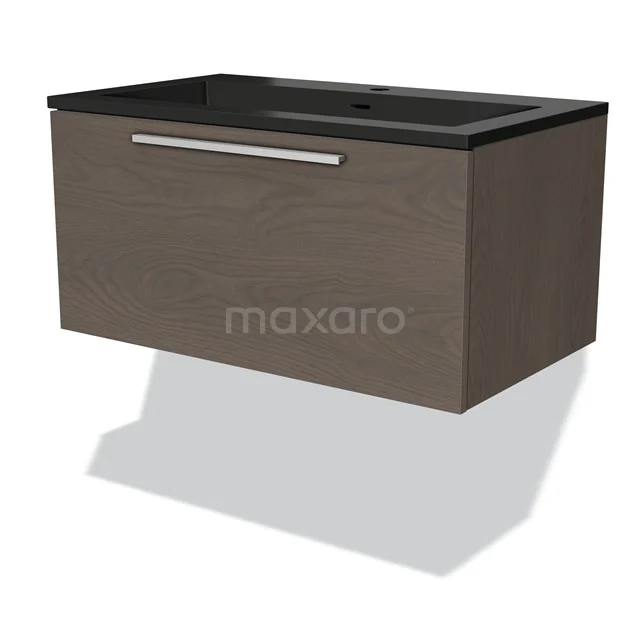 Wandhängendes Badezimmermöbel, Holzoptik Braun mit schwarzem Waschbecken, modernes Design und metallischem Haltegriff.