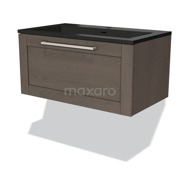 Wooden bathroom unit with dark vanity units with basin, wall-mounted, metal handle, stylish storage solution for modern bathrooms.