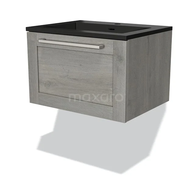 Grey wooden bathroom unit with vanity units with basin and drawers in black, modern design from the Nordic Wood series.