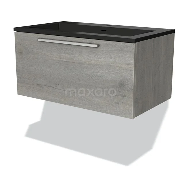 Grauer Holz-Badschrank mit schwarzem Waschbecken, minimalistisches Design, Wandmontage, perfekt für ein modernes Badezimmer.