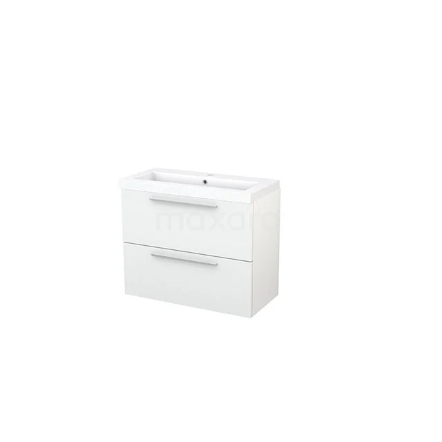 White bathroom unit with two drawers, glossy finish, compact design, includes ceramic vanity units with basin.