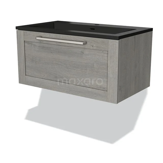 Grey wooden bathroom unit with vanity units with basin in black metal, hanging design, modern finish and metal handle.