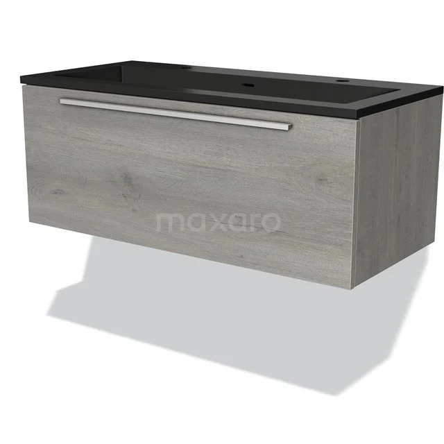 Graue Eiche Waschtisch mit Schwarz Waschbecken, modernes Design, perfekt für eine stilvolle Badezimmer Einrichtung.